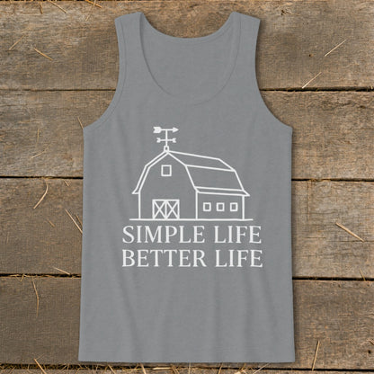 Gray tank top with white barn graphic and text "SIMPLE LIFE BETTER LIFE".