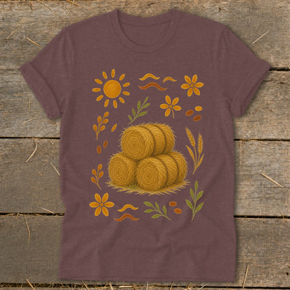 T-shirt with a harvest theme: sun, flowers, wheat, and hay bales.