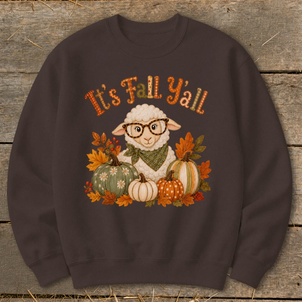 Sheep in glasses surrounded by pumpkins and fall leaves with "It's Fall Y'all" text.
