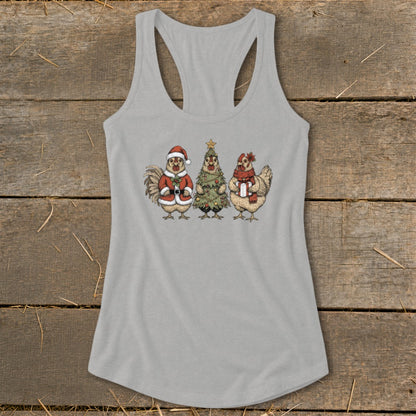 Gray tank top with Christmas chickens graphic print.