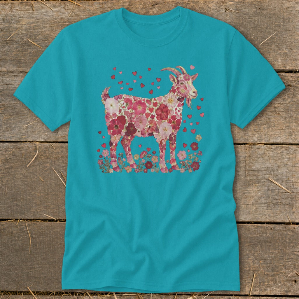 Teal t-shirt with a goat design made of pink flowers and hearts.