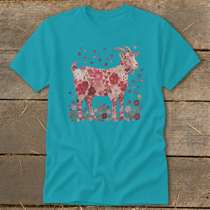 Teal t-shirt with a goat design made of pink flowers and hearts.