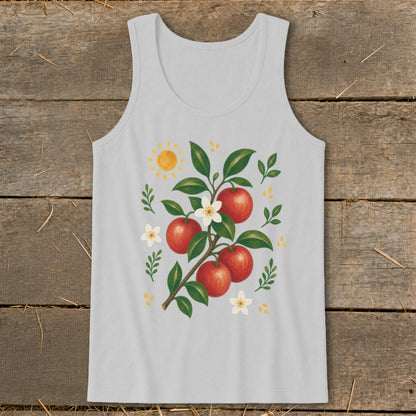 Light grey tank top with a painted apple branch and sun graphic.