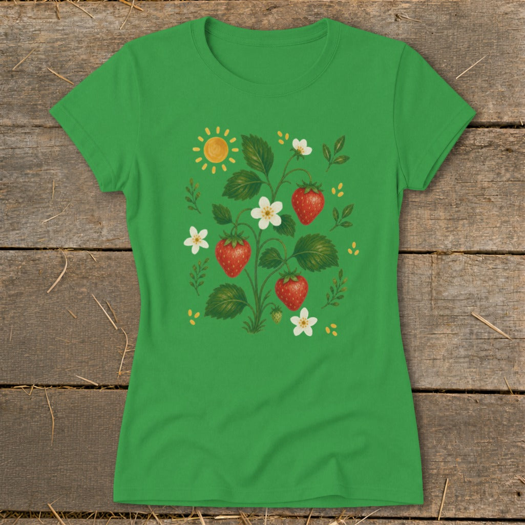 Green t-shirt with a strawberry plant, flowers, and sun graphic.