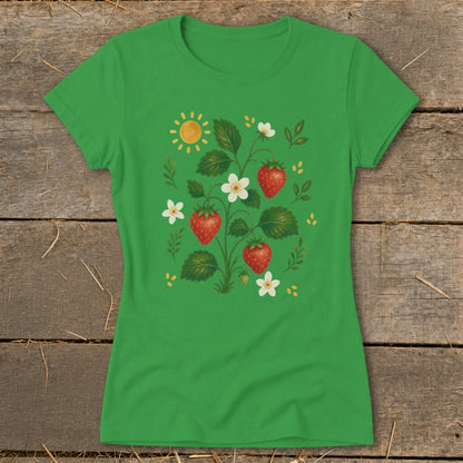 Green t-shirt with a strawberry plant, flowers, and sun graphic.