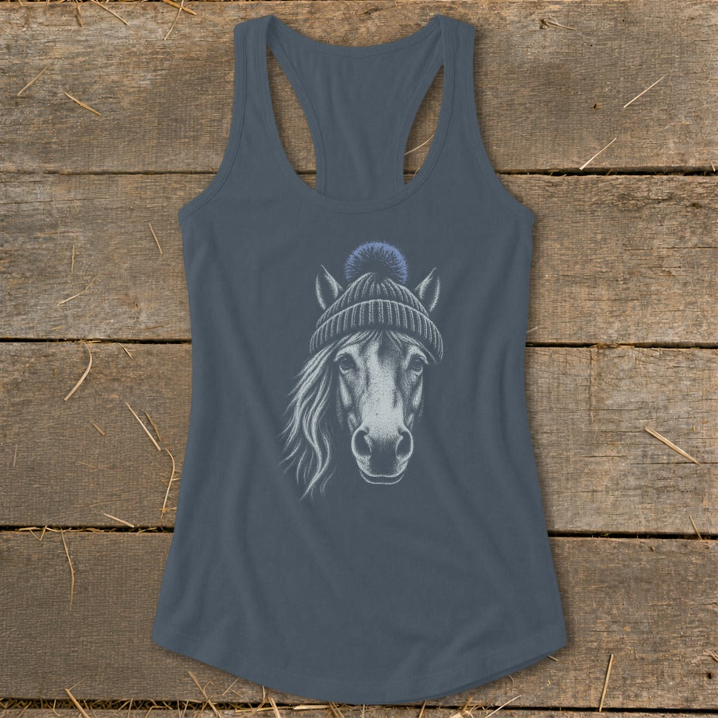 Horse head wearing a beanie with a pom-pom, printed on a blue tank top.