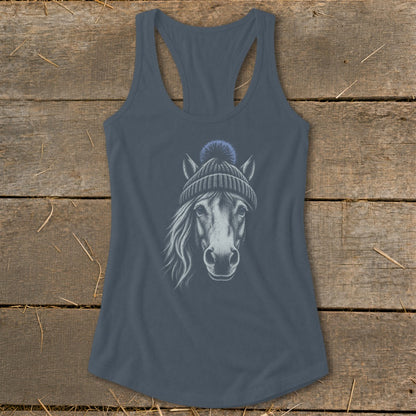 Horse head wearing a beanie with a pom-pom, printed on a blue tank top.