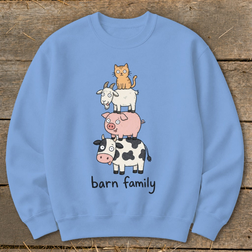 Light blue sweatshirt with a stacked cartoon illustration of a cat, goat, pig, and cow, with "barn family" text.