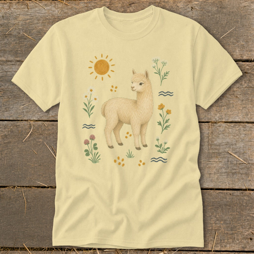 Light yellow t-shirt with a watercolor illustration of a cream alpaca surrounded by flowers and sun.
