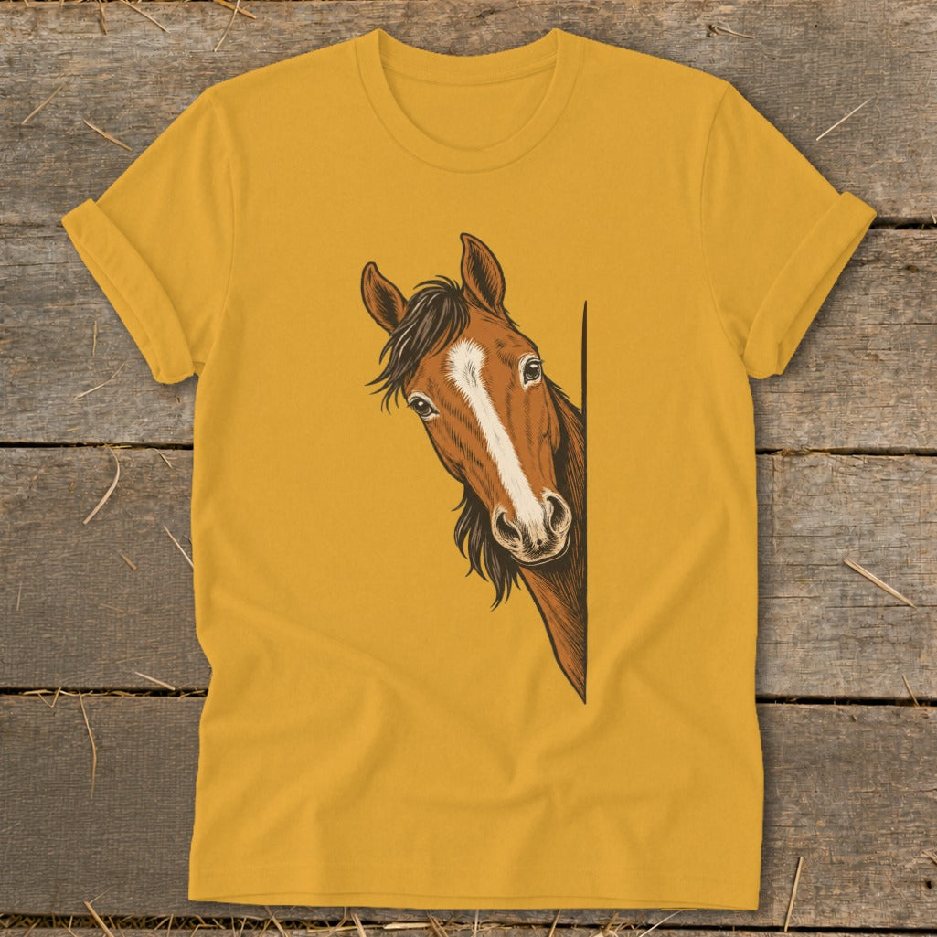 Illustration of a brown horse peeking around a corner on a yellow t-shirt.