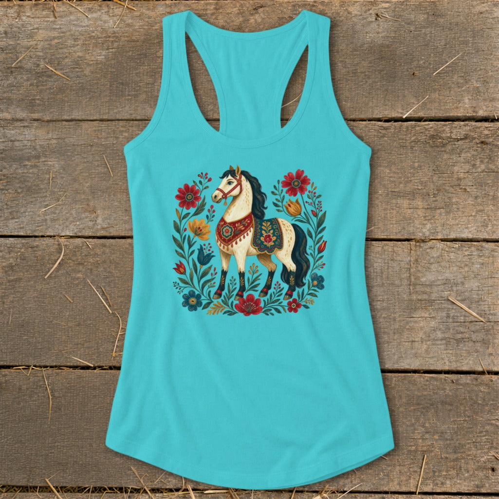 Turquoise tank top with a floral border and a decorated horse graphic.