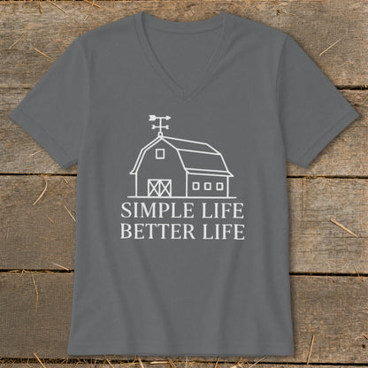 Gray t-shirt with white barn graphic and "SIMPLE LIFE BETTER LIFE" text.
