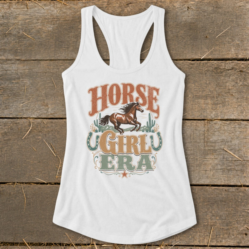 White tank top with "Horse Girly Era" graphic featuring a running horse and western elements.