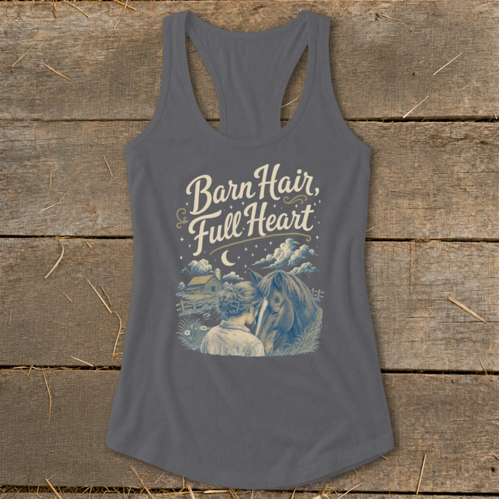 Gray tank top with "Barn Hair, Full Heart" and a drawing of a girl and horse.
