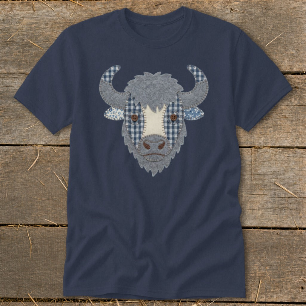 Navy t-shirt with a detailed applique of a bull's head.