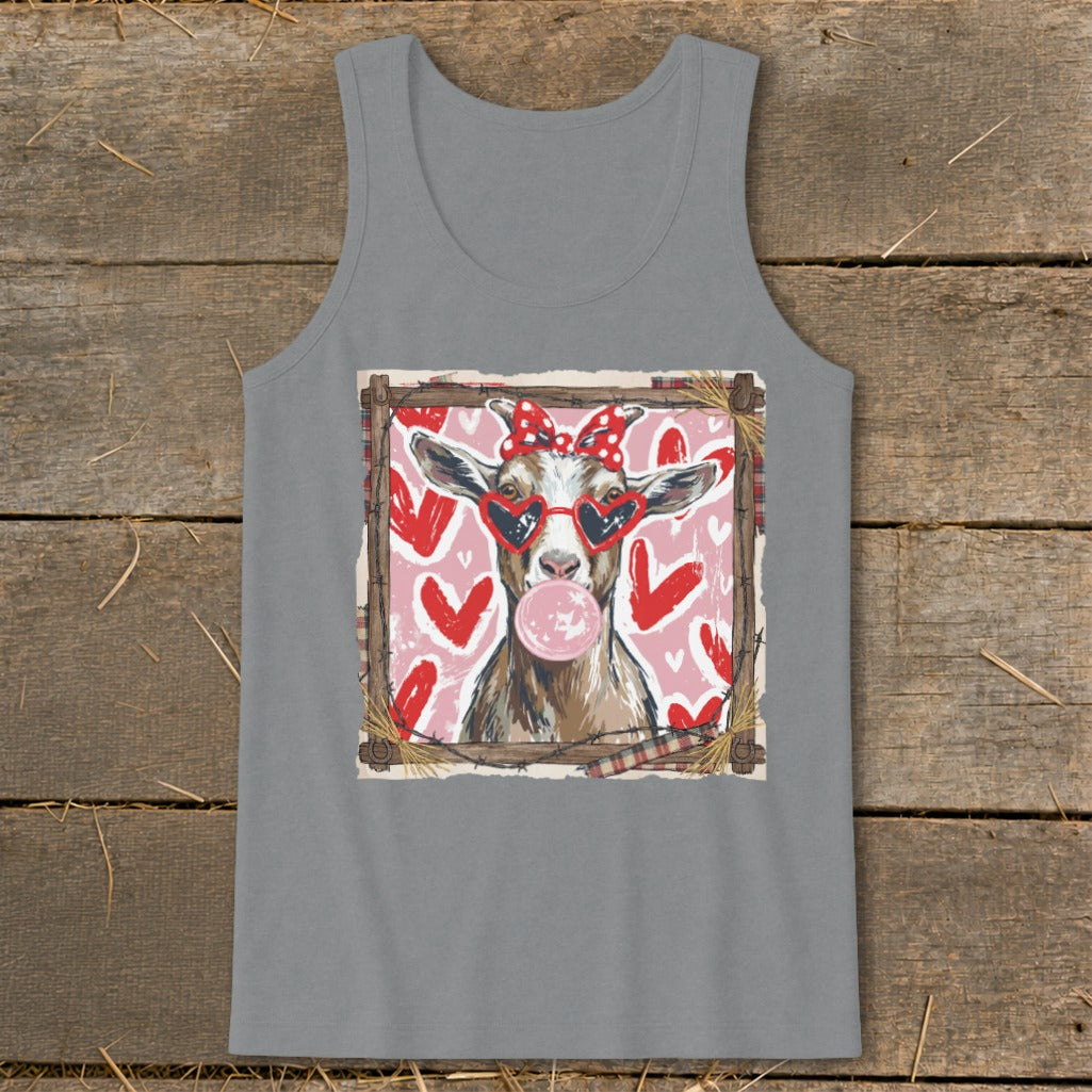 Goat wearing heart sunglasses and a bow, blowing bubblegum, with hearts background.
