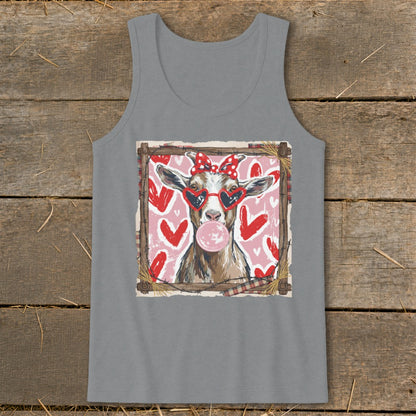 Goat wearing heart sunglasses and a bow, blowing bubblegum, with hearts background.
