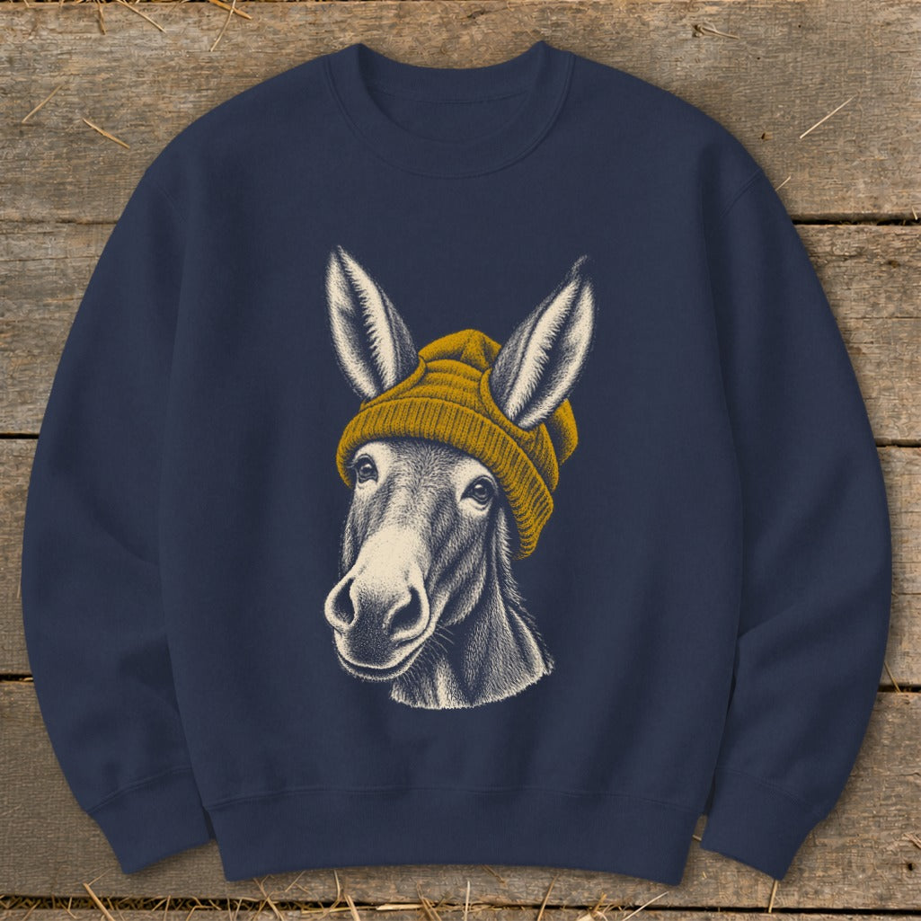 Navy sweatshirt featuring a detailed drawing of a donkey wearing a yellow beanie.