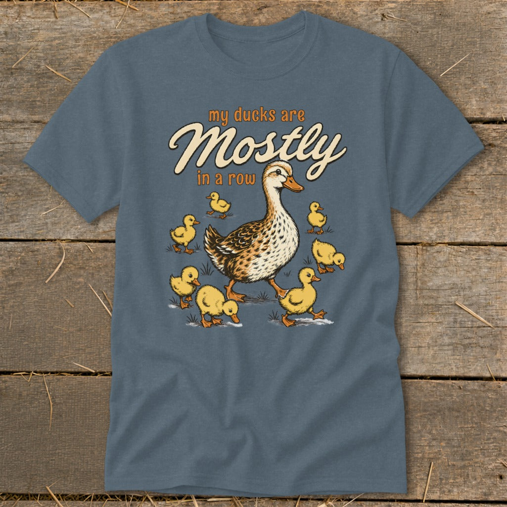 T-shirt graphic: mother duck and ducklings with text "my ducks are Mostly in a row".