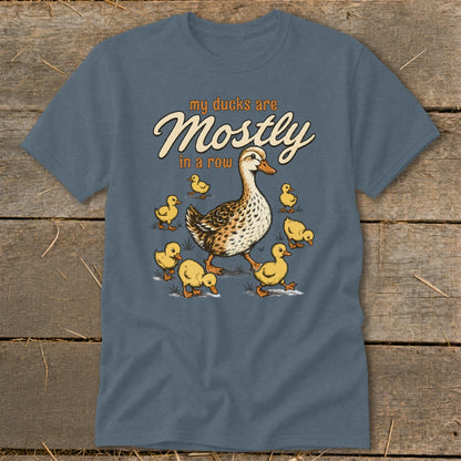T-shirt graphic: mother duck and ducklings with text "my ducks are Mostly in a row".