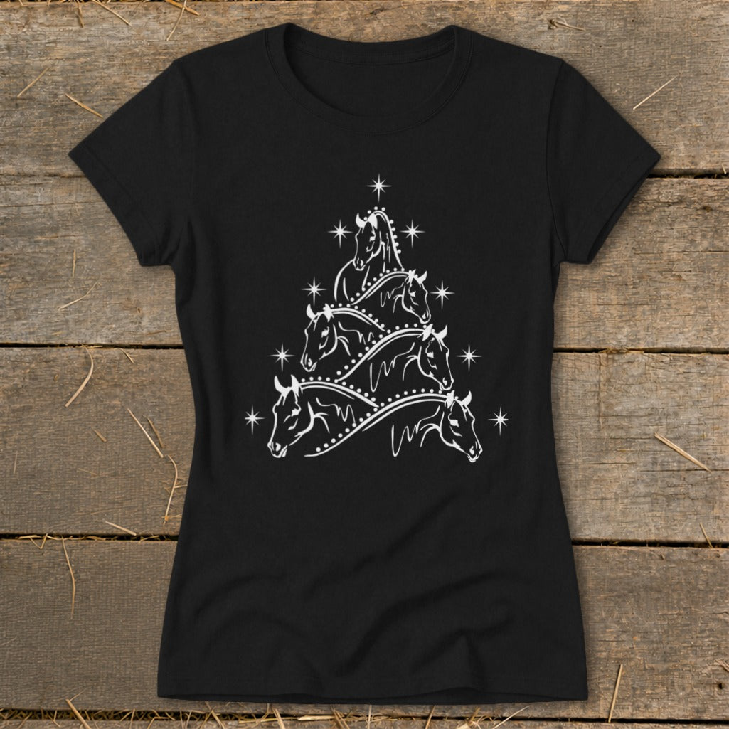 Black t-shirt with white horse and star Christmas tree design.