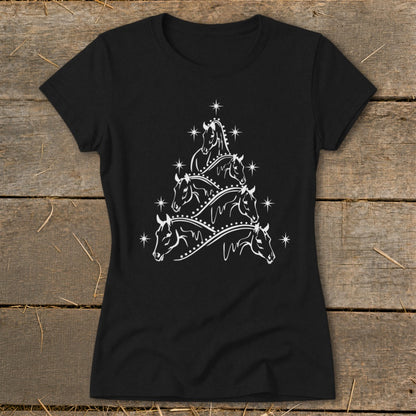 Black t-shirt with white horse and star Christmas tree design.