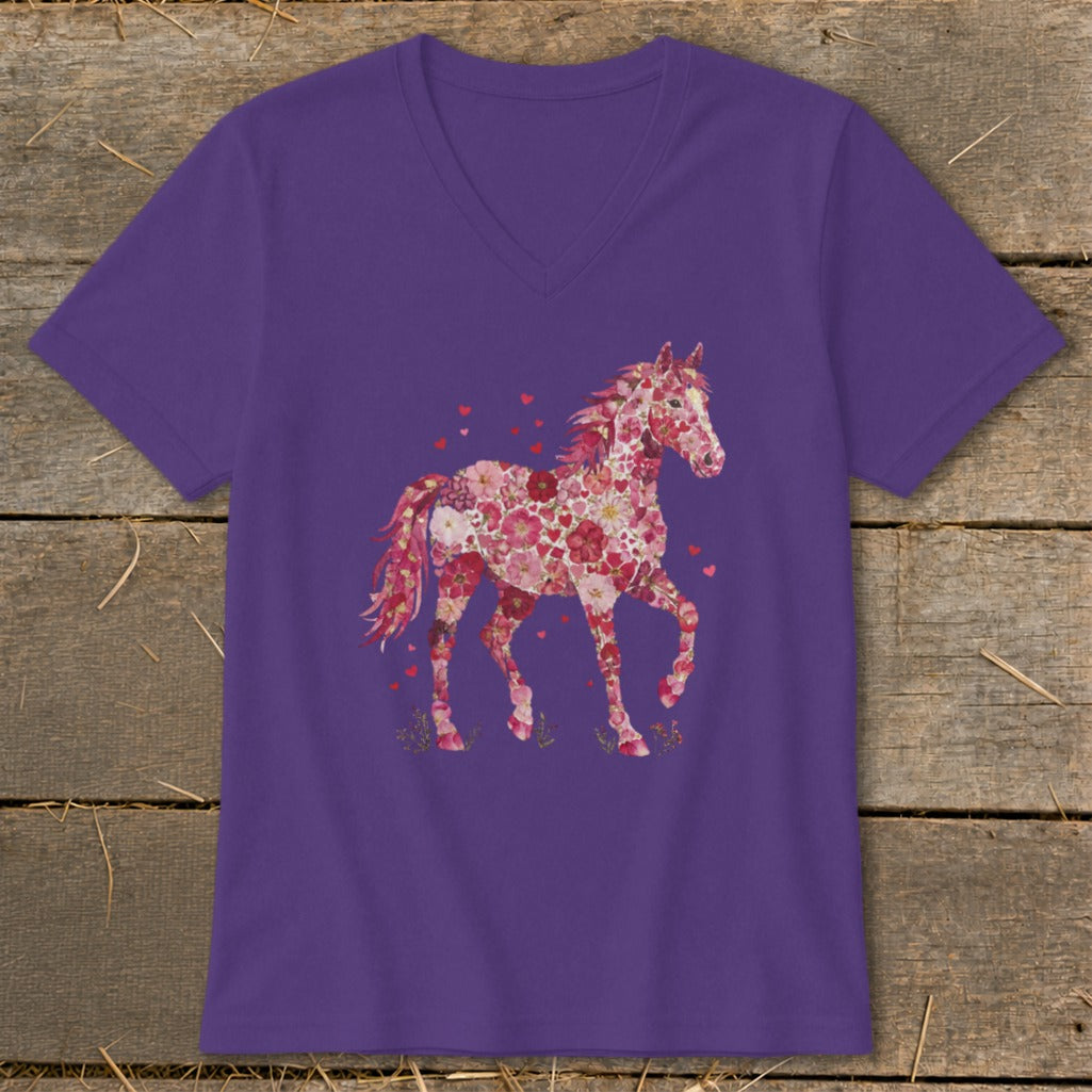 Purple t-shirt with a horse silhouette made of pink and red flowers and hearts.