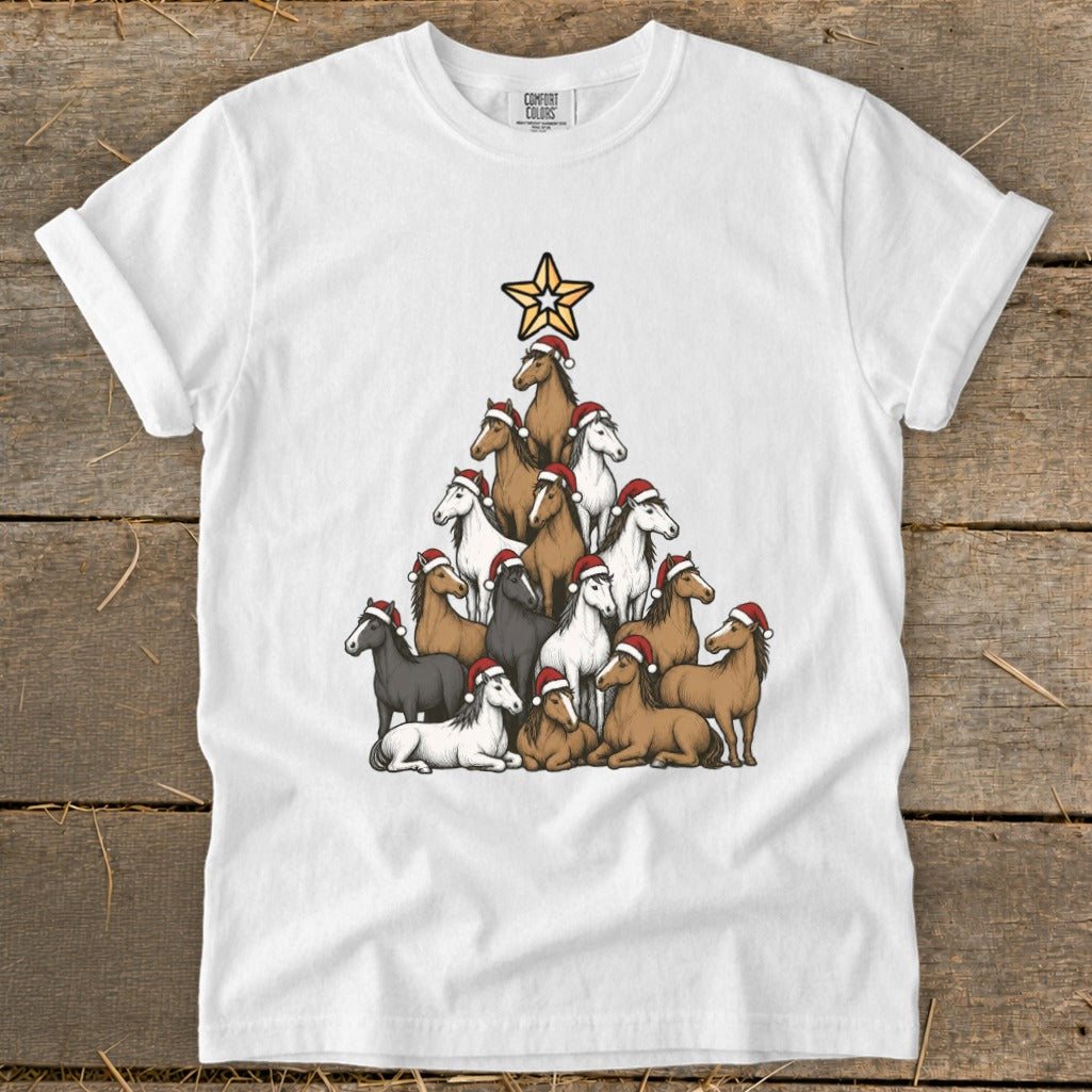 White t-shirt with a Christmas tree made of horses wearing Santa hats.
