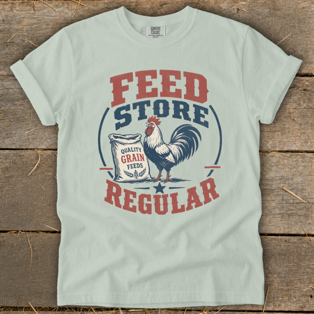 T-shirt graphic with rooster, feed bag, and text "Feed Store Regular".