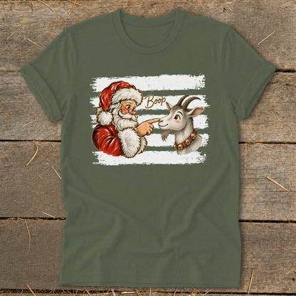Santa Claus boops a goat's nose with the word "Boop" above them.