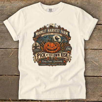 Moonlit Harvest Farm graphic with jack-o'-lantern, scarecrows, and "Pick at Your Own Risk" text.