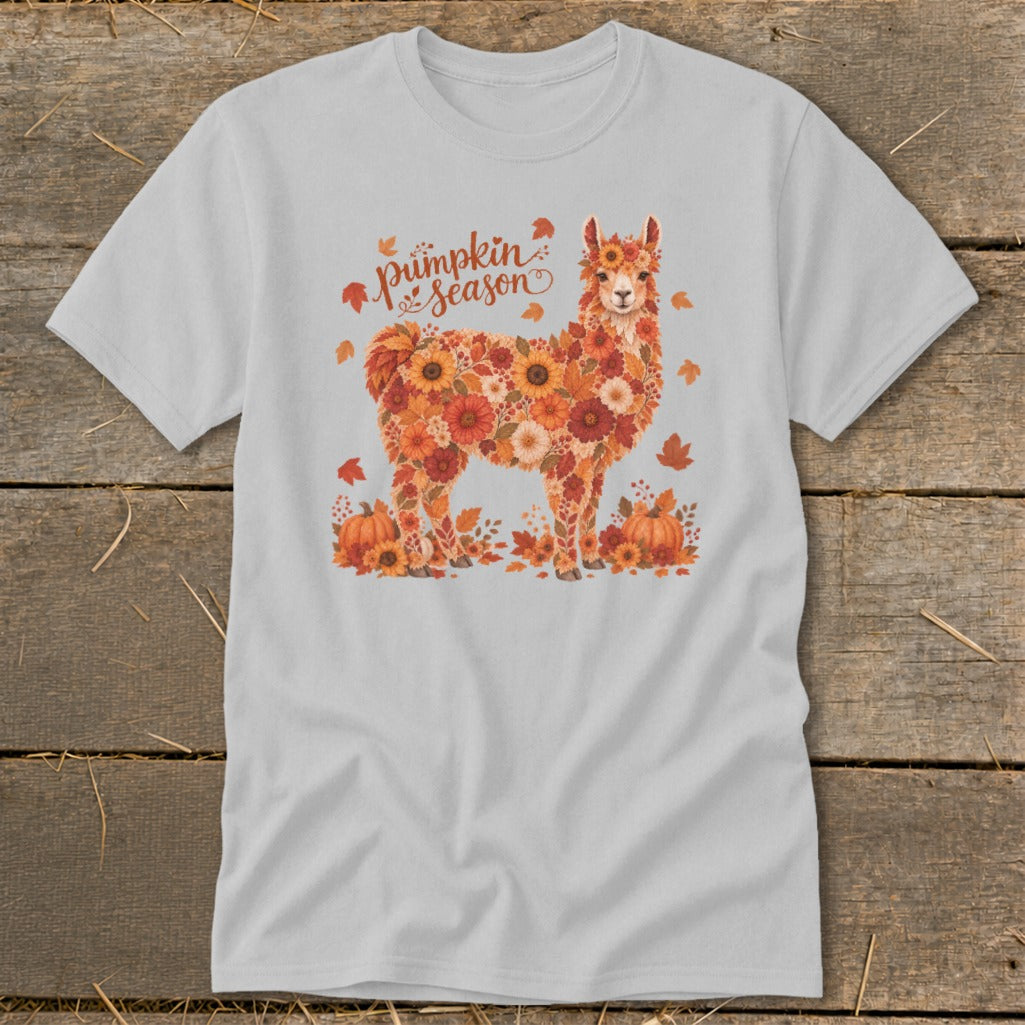 Light grey t-shirt with a floral llama design and "Pumpkin Season" text.