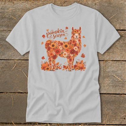 Light grey t-shirt with a floral llama design and "Pumpkin Season" text.