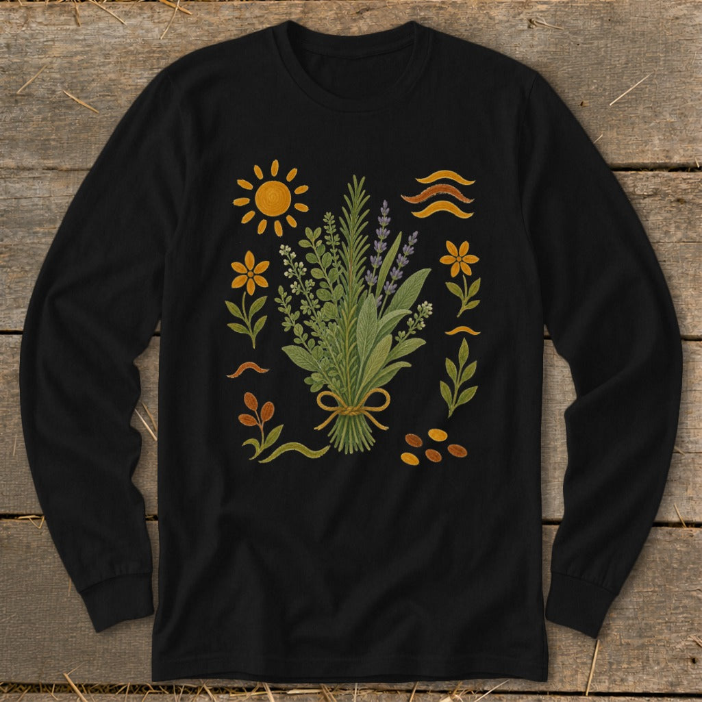Black long-sleeve shirt with bouquet of herbs, flowers, sun, and wavy lines.