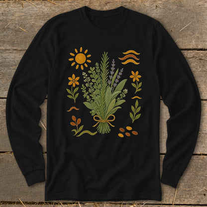 Black long-sleeve shirt with bouquet of herbs, flowers, sun, and wavy lines.