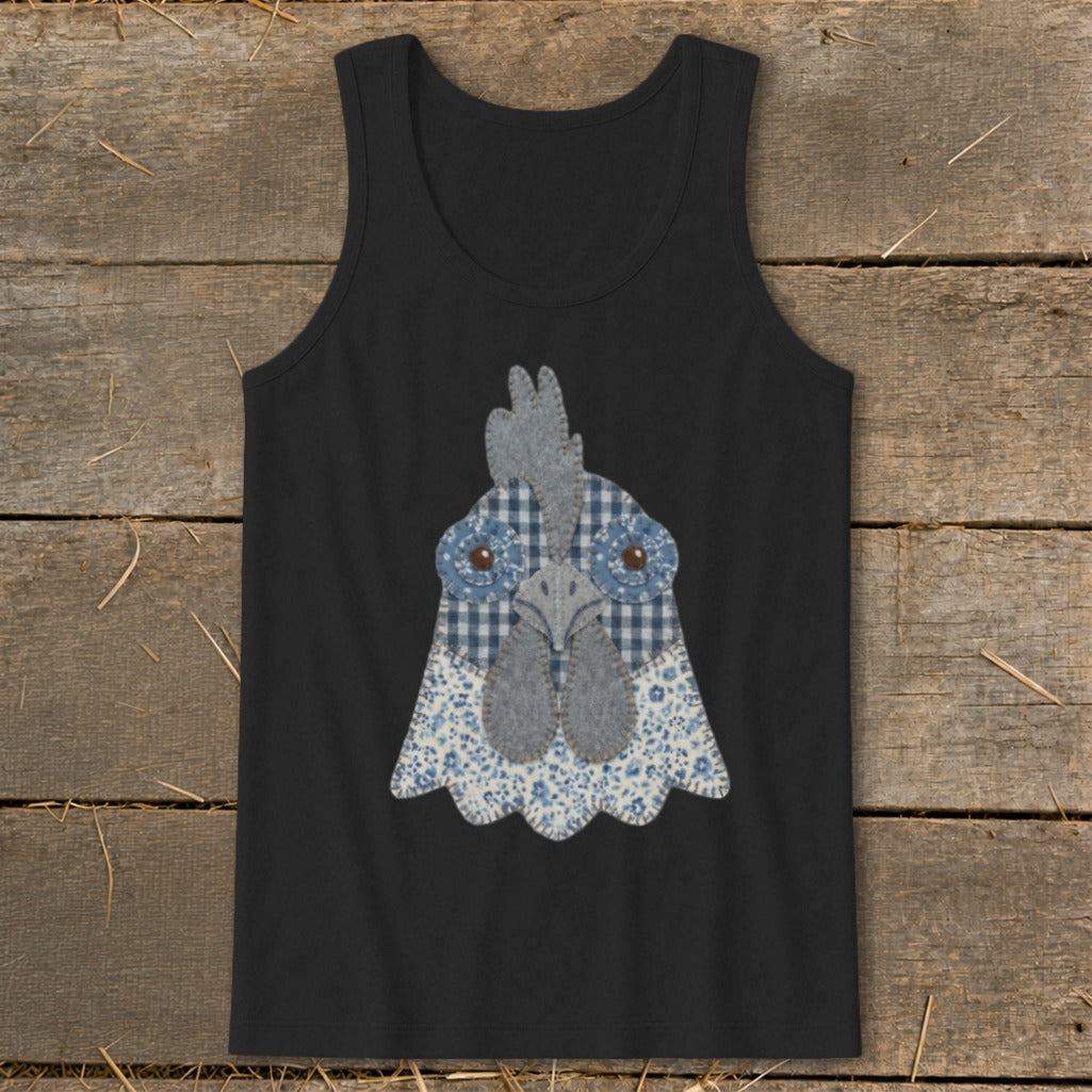 Black tank top with a patchwork chicken face design.