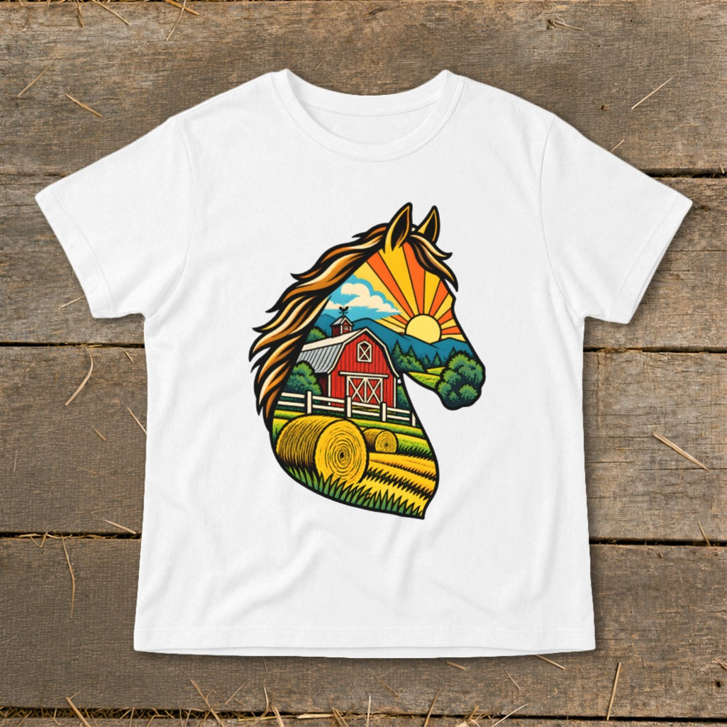 White t-shirt featuring a graphic illustration of a horse head filled with a farm landscape scene.