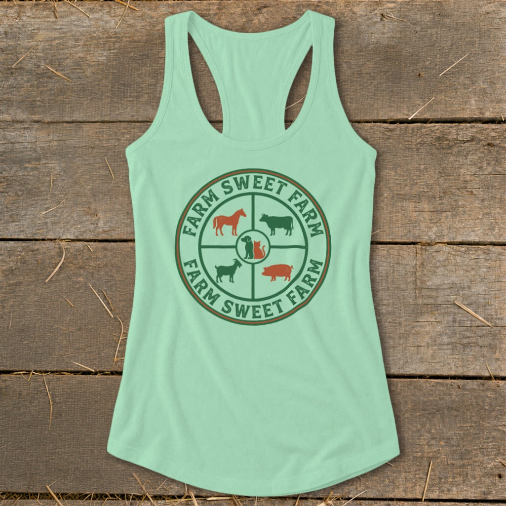 Pale green tank top with a circular farm animal graphic and "Farm Sweet Farm" text.