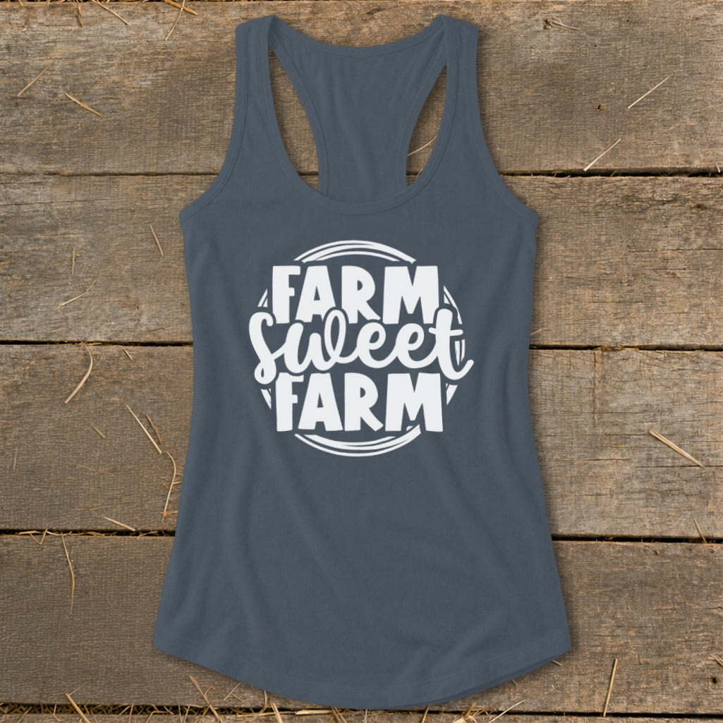 Dark gray racerback tank top with white "FARM SWEET FARM" text.