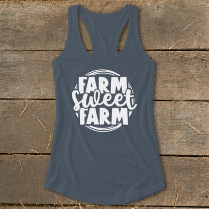 Dark gray racerback tank top with white "FARM SWEET FARM" text.