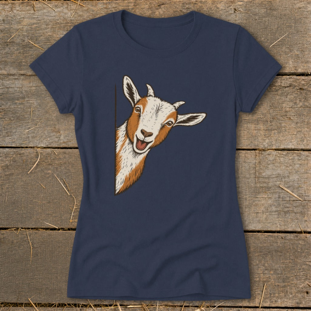 Navy t-shirt with a cartoon goat peeking from the side with a smiling face.