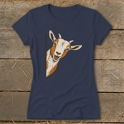 Navy t-shirt with a cartoon goat peeking from the side with a smiling face.