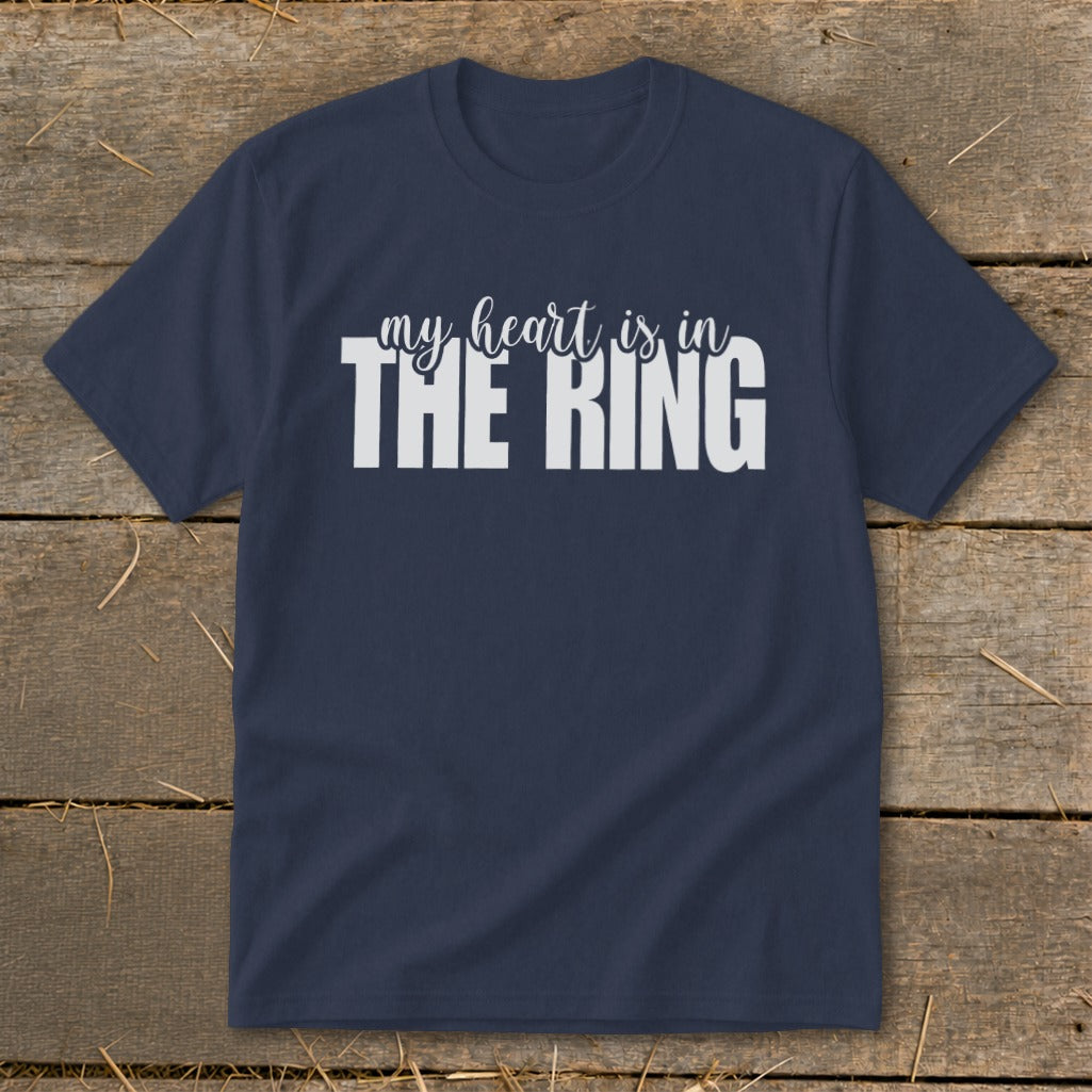Navy t-shirt with "my heart is in THE RING" text in white.