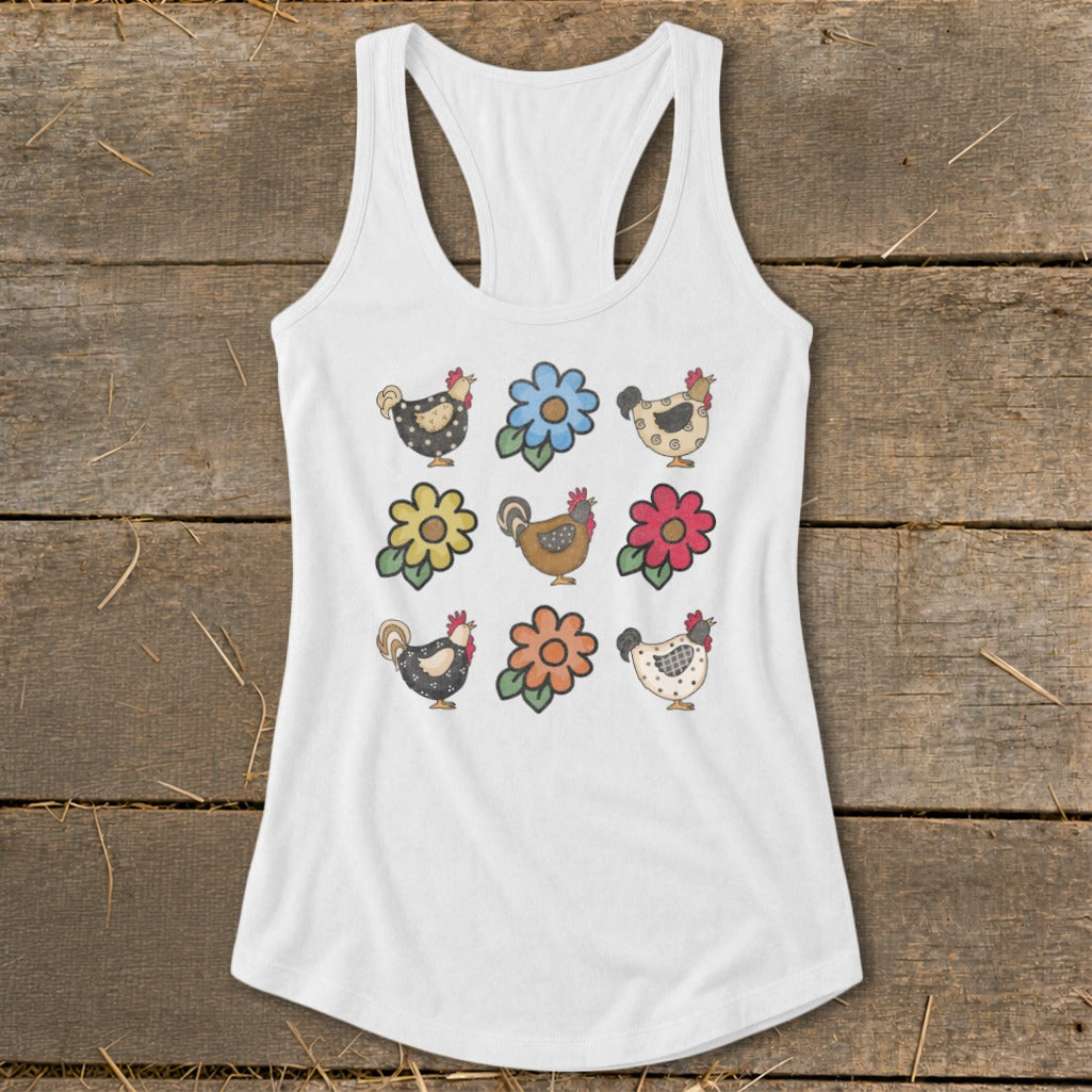 White tank top with a pattern of nine stylized chickens and flowers.