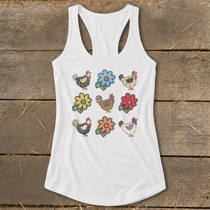 White tank top with a pattern of nine stylized chickens and flowers.
