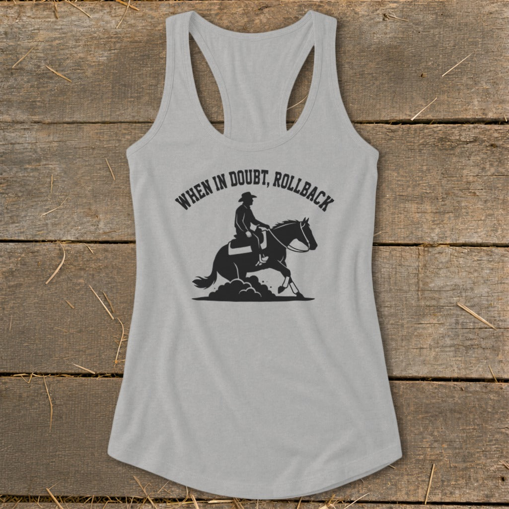 Gray tank top with black text and silhouette of a cowboy on a horse.