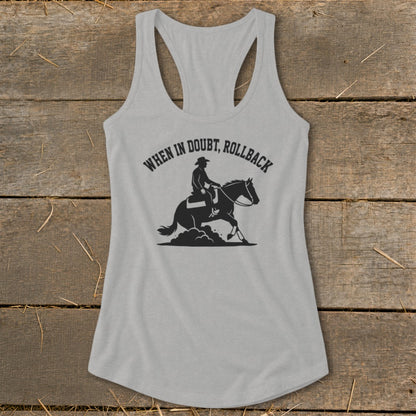 Gray tank top with black text and silhouette of a cowboy on a horse.