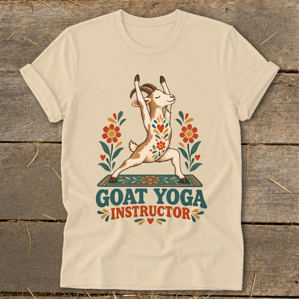 Goat in yoga pose on a mat with floral accents and "Goat Yoga Instructor" text.