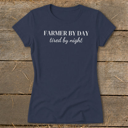 Navy t-shirt with white text "Farmer by Day, Tired by Night".