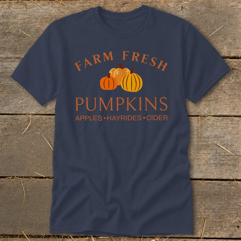 Navy t-shirt with "Farm Fresh Pumpkins" text and three pumpkins.